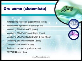 Ore uomo (sistemista)


•   Installazione su server guest vmware (6 ore)
•   Installazione agente su 10 server (4 ore)
•   Monitoring SNMP di As400 (4 ore)
•   Monitoring SNMP di Firewall Cisco (2 ore)
•   Monitoring SNMP di Router/Switch di rete (2 ore)
•   Monitoring SNMP di stampanti (2 ore)
•   Configurazione allarmi (4 ore)
•   Realizzazione mappe grafiche (4 ore)
•   TOTALE 28 ore ~ 6gg

                                www.filippodelprete.com
 
