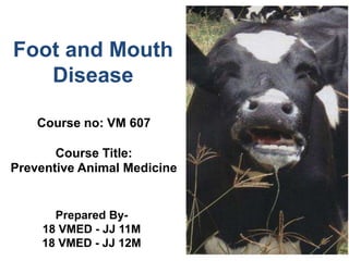 Foot and Mouth
Disease
Course no: VM 607
Course Title:
Preventive Animal Medicine
Prepared By-
18 VMED - JJ 11M
18 VMED - JJ 12M
 