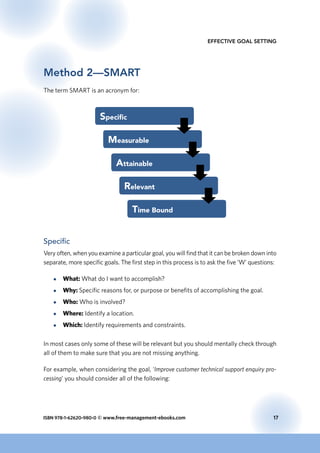 ISBN 978-1-62620-980-0 © www.free-management-ebooks.com	 17
Effective Goal Setting
Method 2—SMART
The term SMART is an acronym for:
Speciﬁc
Measurable
Attainable
Relevant
Time Bound
Specific
Very often, when you examine a particular goal, you will find that it can be broken down into
separate, more specific goals. The first step in this process is to ask the five ‘W’ questions:
●● What: What do I want to accomplish?
●● Why: Specific reasons for, or purpose or benefits of accomplishing the goal.
●● Who: Who is involved?
●● Where: Identify a location.
●● Which: Identify requirements and constraints.
In most cases only some of these will be relevant but you should mentally check through
all of them to make sure that you are not missing anything.
For example, when considering the goal, ‘Improve customer technical support enquiry pro-
cessing’ you should consider all of the following:
 
