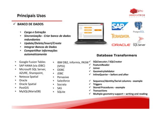 Principais Usos
BANCO DE DADOS
• Carga e Extração
• Sincronização - Criar banco de dados
redundantes
• Update/Delete/Insert/Create
• Integrar Bancos de Dados
• Compartilhar informações
automaticamente
• Google Fusion Tables
• SAP HANA (via JDBC)
• Microsoft SQL Server,
AZURE, Sharepoint,
• Netezza Spatial
• Oracle
• Oracle Spatial
• PostGIS
• MySQL(MariaDB)
Database Transformers
SQLExecutor / SQLCreator
FeatureReader
Joiner
GeometryValidator
InlineQuerier – before and after
Sequence/Identity/Serial columns - example
Triggers
Stored Procedures - example
Transactions
Multiple geometry support – writing and reading
• IBM DB2, Informix, PASW
(SPSS)
• ODBC
• JDBC
• Pervasive
• Salesforce
• Socrata
• SAS
• SQLite
 