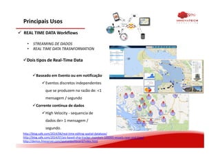 Principais Usos
REAL TIME DATA Workflows
• STREAMING DE DADOS
• REAL TIME DATA TRASNFORMATION
Dois tipos de Real-Time Data
Baseado em Evento ou em notificação
Eventos discretos independentes
que se produzem na razão de: <1
mensagem / segundo
Corrente continua de dados
High Velocity - sequencia de
dados de> 1 mensagem /
segundo.
http://blog.safe.com/2014/06/real-time-editing-spatial-database/
http://blog.safe.com/2014/07/ais-based-ship-tracker-monitors-100000-vessels-near-real-time/
http://demos.fmeserver.com/spatialdashboard/index.html
 