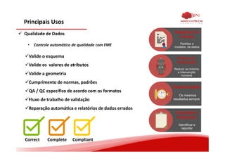 Principais Usos
Qualidade de Dados
• Controle automático de qualidade com FME
Valide o esquema
Valide os valores de atributos
Valide a geometria
Cumprimento de normas, padrões
QA / QC específico de acordo com os formatos
Fluxo de trabalho de validação
Reparação automática e relatórios de dados errados
Correct Complete Compliant
Baseado em
normas
Padrões e
modelos de dados
Repetitividade
Os mesmos
resultados sempre
Ênfase em
Automação
Reduzir ao mínimo
a intervenção
humana
Orientado a
Relatórios
Identificar e
reportar
 
