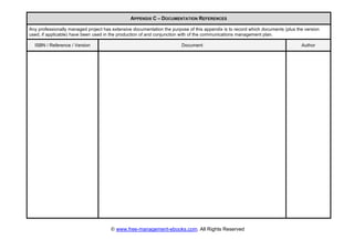 © www.free-management-ebooks.com. All Rights Reserved
APPENDIX C – DOCUMENTATION REFERENCES
Any professionally managed project has extensive documentation the purpose of this appendix is to record which documents (plus the version
used, if applicable) have been used in the production of and conjunction with of the communications management plan.
ISBN / Reference / Version Document Author
 