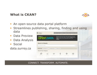 What is CKAN?
!  An open-source data portal platform
!  Streamlines publishing, sharing, finding and using
data
!  Data Pr...