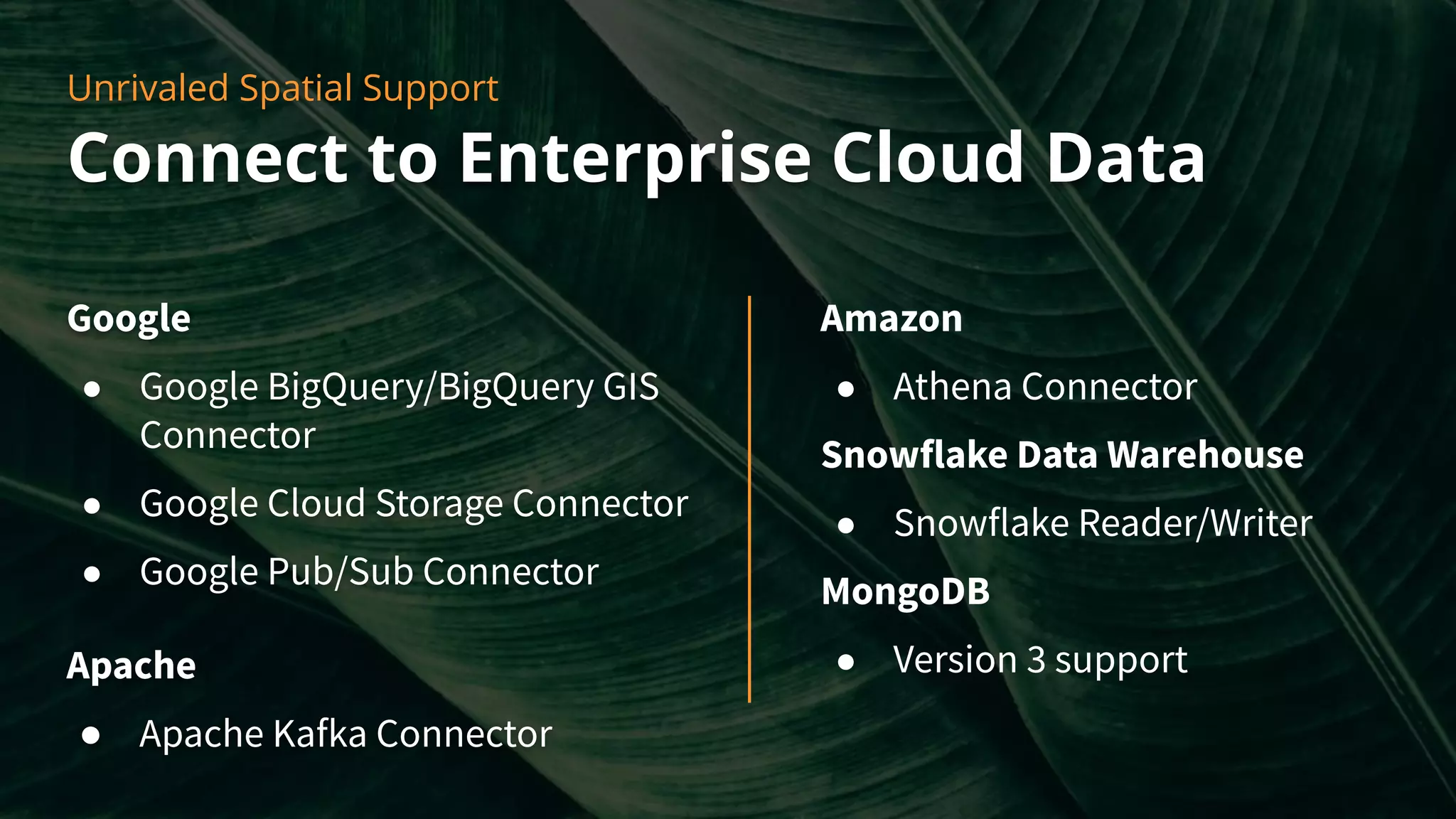 Unrivaled Spatial Support
Connect to Enterprise Cloud Data
Google
● Google BigQuery/BigQuery GIS
Connector
● Google Cloud Storage Connector
● Google Pub/Sub Connector
Apache
● Apache Kafka Connector
Amazon
● Athena Connector
Snowflake Data Warehouse
● Snowflake Reader/Writer
MongoDB
● Version 3 support
 