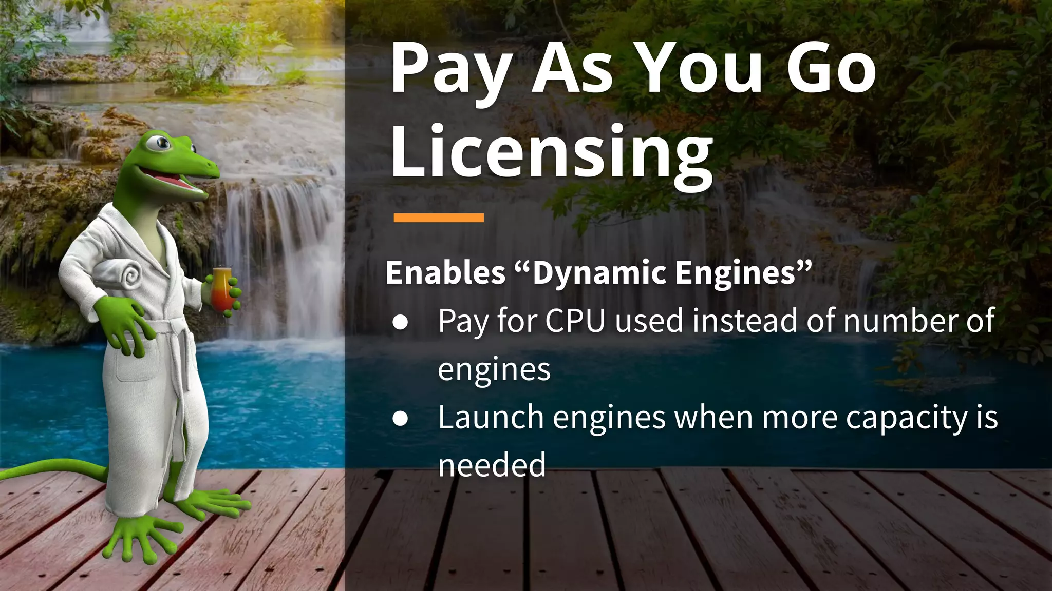 TransformPay As You Go
Licensing
Enables “Dynamic Engines”
● Pay for CPU used instead of number of
engines
● Launch engines when more capacity is
needed
 