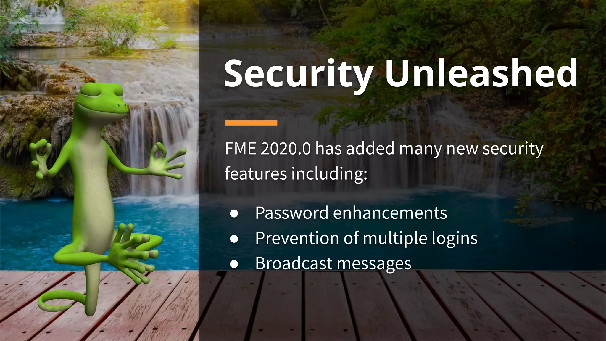 Security Unleashed
FME 2020.0 has added many new security
features including:
● Password enhancements
● Prevention of multiple logins
● Broadcast messages
 