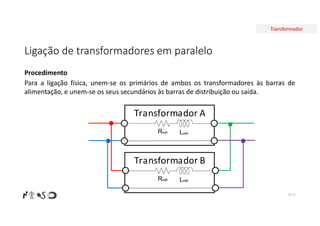 Transformador
Ligação de transformadores em paralelo
Nº 72
Procedimento
Para a ligação física, unem-se os primários de ambos os transformadores às barras de
alimentação, e unem-se os seus secundários às barras de distribuição ou saída.
Transformador A
ReqA LeqA
Transformador B
ReqB LeqB
 