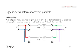 Transformador
Ligação de transformadores em paralelo
Nº 74
Procedimento
Para a ligação física, unem-se os primários de ambos os transformadores às barras de
alimentação, e unem-se os seus secundários às barras de distribuição ou saída.
ReqA LeqA
ReqB LeqB
U1 U’2
 