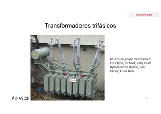 Transformador
Nº 91
GSU three-phase transformer;
Core type; 35 MVA; 230/13 kV
Hydroelectric station, San
Carlos, Costa Rica
Transformadores trifásicos
 