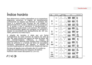 Transformador
Índice horário
Para determinar o índice sobrepõem-se os respectivos
diagramas vectoriais. O ângulo de desfasamento
corresponde ao ângulo que formam o ponteiro das
horas e o ponteiro dos minutos de um relógio, a
determinada hora, sendo a referência as 12 horas com
0°. O grupo a que o pertence o transformador é
designado por duas letras e um número. Por exemplo,
um transformador ligado em triângulo no primário e
estrela no secundário com desfasamento de -30° (ou
330º), pertence ao índice Dy11.
Nº 96
A relação de tensões é dada por um factor
multiplicativo da razão número de espiras do lado da
alta, NA, pelo número de espiras do lado da baixa, NB.
Nos transformadores trifásicos, a relação de
transformação é definida pela relação entre a tensão de
linha do primário e a tensão de linha do secundário.
Portanto, dependendo da ligação, a relação de
transformação pode ser diferente da relação de espiras.
Os tipos de ligação mais utilizados são 12 e estão na
chapa de características da máquina. Os índices
horários mais usuais são quatro 0, 5, 6 e 11.
 