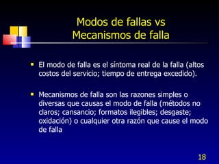Modos de fallas vs Mecanismos de falla El modo de falla es el síntoma real de la falla (altos costos del servicio; tiempo de entrega excedido). Mecanismos de falla son las razones simples o diversas que causas el modo de falla (métodos no claros; cansancio; formatos ilegibles; desgaste; oxidación) o cualquier otra razón que cause el modo de falla 