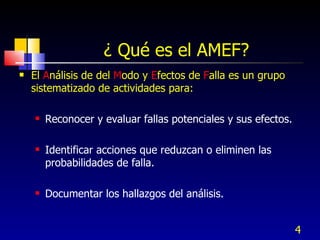 ¿ Qué es el AMEF? El  A nálisis de del  M odo y  E fectos de  F alla es un grupo sistematizado de actividades para: Reconocer y evaluar fallas potenciales y sus efectos. Identificar acciones que reduzcan o eliminen las probabilidades de falla. Documentar los hallazgos del análisis. 