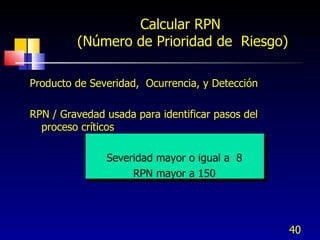 Producto de Severidad,  Ocurrencia, y Detección RPN / Gravedad usada para identificar pasos del proceso críticos Severidad mayor o igual a  8 RPN mayor a 150 Calcular RPN  (Número de Prioridad de  Riesgo) 