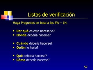 Listas de verificación Haga Preguntas en base a las 5W – 1H.  Por qué  es esto necesario?  Dónde  debería hacerse?  Cuándo  debería hacerse?  Quién  lo haría?  Qué  debería hacerse?  Cómo  debería hacerse?  