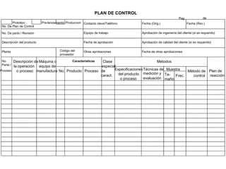 PLAN  DE CONTROL Prototipo Pre-lanzamiento Produccion Contacto clave/Teléfono Fecha (Orig.) Fecha (Rev.) No. De Plan de Control No. De parte / Revisión Equipo de trabajo  Aprobación de ingeniería del cliente (si es requerido)  Descripción del producto  Fecha de aprobación Aprobación de calidad del cliente (si es requerido)  Planta Código del  proveedor  Otras aprobaciones  Fecha de otras aprobaciones No.  Parte / Descripción de  Máquina o Características Clase  Métodos Proceso la operación equipo de especial o proceso manufactura No. Producto Proceso de  caract. Especificaciones Técnicas de  Muestra Método de Plan de reacción del producto  medición y  Ta- maño Frec. control o proceso evaluación de Pag. 