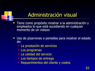 Administración visual Tiene como propósito mostrar a la administración y empleados lo que está sucediendo en cualquier momento de un vistazo Uso de pizarrones o pantallas para mostrar el estado de: La prestación de servicios Los programas La calidad del servicio Los tiempos de entrega Requerimientos del cliente y costos 