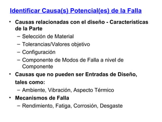 Identificar Causa(s) Potencial(es) de la Falla Causas relacionadas con el diseño - Características de la Parte  Selección de Material  Tolerancias/Valores objetivo Configuración Componente de Modos de Falla a nivel de Componente Causas que no pueden ser Entradas de Diseño, tales como:  Ambiente, Vibración, Aspecto Térmico Mecanismos de Falla Rendimiento, Fatiga, Corrosión, Desgaste 