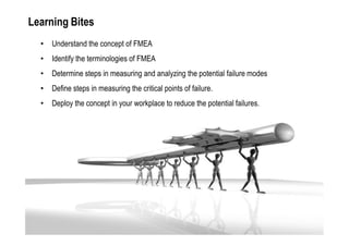 Learning Bites
  •   Understand the concept of FMEA
  •   Identify the terminologies of FMEA
  •   Determine steps in measuring and analyzing the potential failure modes
  •   Define steps in measuring the critical points of failure.
  •   Deploy the concept in your workplace to reduce the potential failures.
 