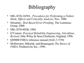 Bibliography
• MIL-STD-1629A , Procedures for Performing a Failure
  Mode, Effects and Criticality Analysis, Nov. 1980.
• Sittsamer, Risk Based Error-Proofing, The Luminous
  Group, 2000
• MIL-STD-882B, 1984.
• O’Conner, Practical Reliability Engineering, 3rd edition,
  Revised, John Wiley & Sons,Chichester, England, 1996.
• QS9000 FMEA reference manual (SAE J 1739)
• McDerrmot, Mikulak, and Beauregard, The Basics of
  FMEA, Productivity Inc., 1996.
 