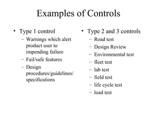 Examples of Controls
• Type 1 control              • Type 2 and 3 controls
   – Warnings which alert        –   Road test
     product user to             –   Design Review
     impending failure           –   Environmental test
   – Fail/safe features          –   fleet test
   – Design                      –   lab test
     procedures/guidelines/
                                 –   field test
     specifications
                                 –   life cycle test
                                 –   load test
 
