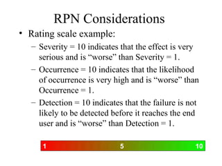 RPN Considerations
• Rating scale example:
  – Severity = 10 indicates that the effect is very
    serious and is “worse” than Severity = 1.
  – Occurrence = 10 indicates that the likelihood
    of occurrence is very high and is “worse” than
    Occurrence = 1.
  – Detection = 10 indicates that the failure is not
    likely to be detected before it reaches the end
    user and is “worse” than Detection = 1.

     1                      5                     10
 
