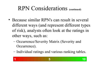RPN Considerations (continued)
• Because similar RPN's can result in several
  different ways (and represent different types
  of risk), analysts often look at the ratings in
  other ways, such as:
  – Occurrence/Severity Matrix (Severity and
    Occurrence).
  – Individual ratings and various ranking tables.
   1                     5                     10
 
