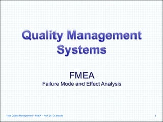 FMEA
                                 Failure Mode and Effect Analysis




Total Quality Management – FMEA - Prof. Dr. D. Steude               1
 