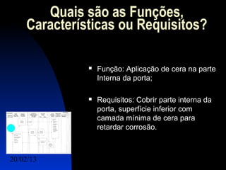 Quais são as Funções,
    Características ou Requisitos?

                 Função: Aplicação de cera na parte
                  Interna da porta;

                 Requisitos: Cobrir parte interna da
                  porta, superfície inferior com
                  camada mínima de cera para
                  retardar corrosão.



20/02/13                                 16
 