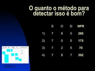 O quanto o método para
            detectar isso é bom?
                    S   O   D        NPR

               1)   7   8   5        280

               2)   7   5   5        175

               3)   7   2   5        70

               4)   7   8   7        392


20/02/13                        23
 