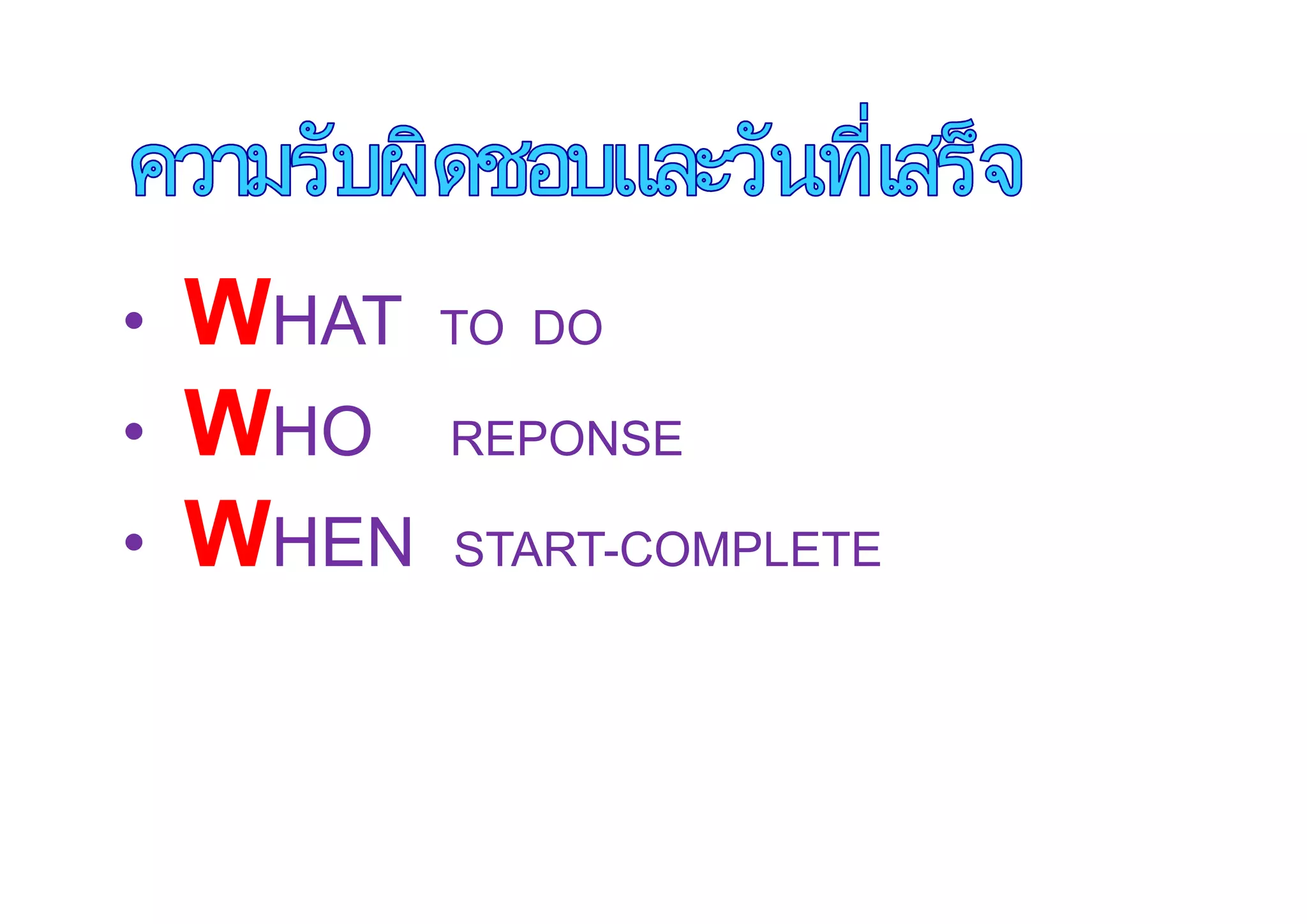 • WHAT TO DO
• WHO REPONSE
• WHEN START-COMPLETE
 