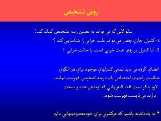 ‫تشخيص‬‫ش‬‫و‬‫ر‬
‫الگوي‬‫هر‬‫اي‬‫ر‬‫ب‬‫موجود‬‫لهاي‬‫ر‬‫كنت‬ ‫تمامي‬ ‫بايد‬ ‫مي‬‫ه‬‫و‬‫گر‬‫اعضاي‬
‫نمايند‬‫فهرست‬ ‫تشخيص‬‫درجه‬‫يك‬‫اختصاص‬‫اجهت‬‫ر‬‫شكست‬.
‫صحت‬‫و‬‫شده‬ ‫زمايش‬‫ا‬‫كه‬ ‫ي‬‫لهاي‬‫ر‬‫كنت‬ ‫فقط‬‫است‬ ‫بذكر‬‫الزم‬
‫شود‬‫فهرست‬ ‫بايست‬ ‫مي‬‫ند‬‫ر‬‫دا‬.
•‫دارد‬ ‫ي‬‫خودمحدوديتهاي‬‫اي‬‫ر‬‫ب‬‫لي‬‫ر‬‫هركنت‬‫كه‬‫باشيم‬‫يادداشته‬‫به‬
‫كند‬‫كمك‬ ‫تشخيص‬‫تبه‬‫ر‬ ‫تعيين‬‫به‬‫تواند‬‫مي‬‫كه‬‫سئواالتي‬:
1-‫؟‬‫كند‬ ‫ي‬‫شناساي‬ ‫ا‬‫ر‬‫ابي‬‫ر‬‫خ‬‫علت‬‫تواند‬ ‫مي‬‫چقدر‬‫ي‬‫جار‬ ‫كنترل‬
2-‫؟‬‫ابي‬‫ر‬‫خ‬‫حالت‬‫يا‬ ‫است‬‫ابي‬‫ر‬‫خ‬‫علت‬‫ي‬‫و‬‫ر‬‫بر‬ ‫كنترل‬‫يا‬‫ا‬
 