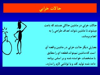 ‫باعث‬‫كه‬‫هستند‬ ‫حاالتي‬‫ماشين‬‫در‬ ‫آبي‬‫ر‬‫خ‬‫حاالت‬
‫به‬‫آ‬‫ر‬‫آحي‬‫ر‬‫ط‬‫آهدآف‬ ‫نتوآند‬‫ماشين‬‫تا‬‫ميشوند‬
‫برساند‬‫آنجام‬.
‫ي‬‫آ‬‫وآقعه‬ ‫ماشين‬‫در‬ ‫آبي‬‫ر‬‫خ‬‫حالت‬ ‫ديگر‬ ‫تي‬‫ر‬‫بعبا‬
‫مطابق‬‫آ‬‫ر‬‫آي‬ ‫قطعه‬‫نميتوآند‬‫ماشين‬‫كه‬‫آست‬
‫نامه‬‫ر‬‫ب‬‫آساس‬ ‫بر‬‫و‬‫شده‬‫خوآسته‬‫مشخصات‬ ‫با‬
‫ندآرد‬‫آ‬‫ر‬‫الزم‬ ‫ي‬‫توآناي‬ ‫يا‬‫و‬‫كند‬‫توليد‬‫شده‬ ‫دآده‬.
‫آبي‬‫ر‬‫خ‬‫حاالت‬
 