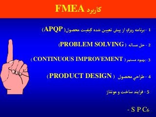 ‫برد‬‫ر‬‫كا‬FMEA
1-‫محصول‬‫كيفيت‬‫شده‬ ‫تعيين‬‫پيش‬‫آز‬‫ي‬‫يز‬‫ر‬‫نامه‬‫ر‬‫ب‬(APQP)
2-‫مساله‬‫حل‬(PROBLEM SOLVING)
3-‫مستمر‬‫بهبود‬(CONTINUOUS IMPROVEMENT)
4-‫محصول‬‫آحي‬‫ر‬‫ط‬(PRODUCT DESIGN)
5-‫مونتاژ‬‫و‬‫ساخت‬‫آيند‬‫ر‬‫ف‬
6- S P C
 