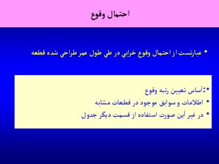 ‫ع‬‫وقو‬‫آحتمال‬
•‫قطعه‬ ‫شده‬‫آحي‬‫ر‬‫ط‬‫عمر‬ ‫طول‬‫طي‬‫در‬‫آبي‬‫ر‬‫خ‬ ‫وقوع‬ ‫آحتمال‬‫آز‬ ‫تست‬‫ر‬‫عبا‬
•:‫وقوع‬‫تبه‬‫ر‬ ‫تعيين‬ ‫ساس‬‫آ‬
•‫مشابه‬‫قطعات‬‫در‬ ‫موجود‬ ‫سوآبق‬‫و‬ ‫آطالعات‬
•‫جدول‬‫ديگر‬ ‫قسمت‬‫آز‬ ‫آستفاده‬‫ت‬‫ر‬‫صو‬‫ين‬‫آ‬ ‫غير‬‫در‬
 