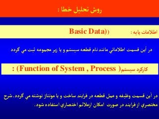 ‫خطا‬‫تحليل‬‫ش‬‫و‬‫ر‬:
‫پايه‬‫آطالعات‬( :Basic Data)
‫م‬ ‫ثبت‬ ‫مجموعه‬‫ير‬‫ز‬‫يا‬‫و‬ ‫سيستم‬ ‫قطعه‬‫نام‬ ‫مانند‬ ‫آطالعاتي‬ ‫قسمت‬‫ين‬‫آ‬‫در‬‫گردد‬ ‫ي‬
‫گ‬ ‫مي‬ ‫نوشته‬ ‫مونتاژ‬‫يا‬‫و‬ ‫ساخت‬ ‫آيند‬‫ر‬‫ف‬‫در‬ ‫قطعه‬‫عمل‬‫و‬ ‫وظيفه‬ ‫قسمت‬‫ين‬‫آ‬‫در‬‫ردد‬.‫شرح‬
‫شود‬ ‫آستفاده‬ ‫ي‬‫آختصار‬ ‫آزعالئم‬ ‫آمكان‬ ‫ت‬‫ر‬‫صو‬‫در‬ ‫آيند‬‫ر‬‫ف‬‫آز‬ ‫ي‬‫مختصر‬.
‫سيستم‬‫كاركرد‬: (Function of System , Process )
 