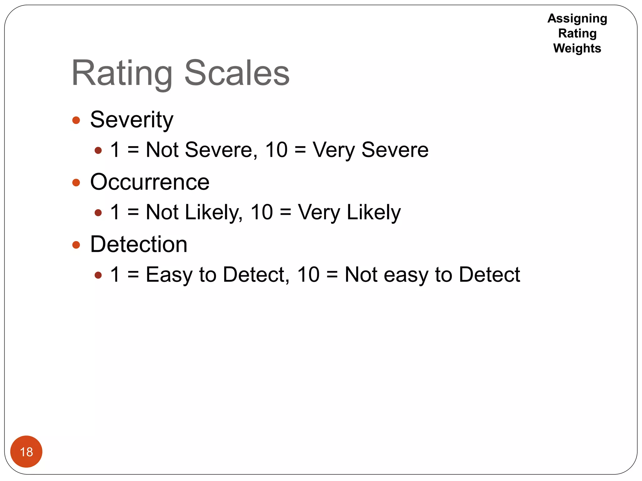 Rating Scales
18
 Severity
 1 = Not Severe, 10 = Very Severe
 Occurrence
 1 = Not Likely, 10 = Very Likely
 Detection
 1 = Easy to Detect, 10 = Not easy to Detect
Assigning
Rating
Weights
 