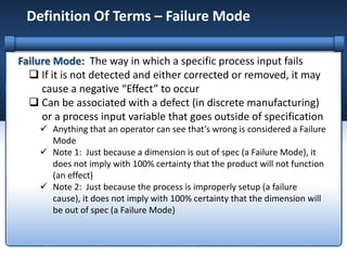 Definition Of Terms – Failure Mode
Failure Mode: The way in which a specific process input fails
 If it is not detected and either corrected or removed, it may
cause a negative “Effect” to occur
 Can be associated with a defect (in discrete manufacturing)
or a process input variable that goes outside of specification
 Anything that an operator can see that’s wrong is considered a Failure
Mode
 Note 1: Just because a dimension is out of spec (a Failure Mode), it
does not imply with 100% certainty that the product will not function
(an effect)
 Note 2: Just because the process is improperly setup (a failure
cause), it does not imply with 100% certainty that the dimension will
be out of spec (a Failure Mode)
 