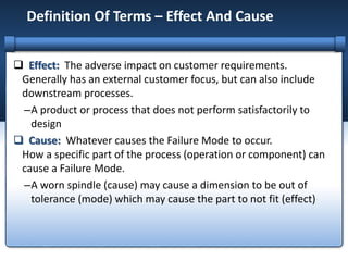 Definition Of Terms – Effect And Cause
 Effect: The adverse impact on customer requirements.
Generally has an external customer focus, but can also include
downstream processes.
–A product or process that does not perform satisfactorily to
design
 Cause: Whatever causes the Failure Mode to occur.
How a specific part of the process (operation or component) can
cause a Failure Mode.
–A worn spindle (cause) may cause a dimension to be out of
tolerance (mode) which may cause the part to not fit (effect)
 