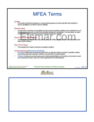 © 2004 Cayman Business Systems Rev: Q
Rendered Monday, February 9, 2004 Potential Failure Mode and Effects Analysis Slide 116
The Cove! Elsmar.com
Elsmar.com
MFEA Terms
Derating
• Thepracticeoflimitingthestressesoncomponents/subsystemstolevelswellwithintheirspecifiedor
provencapabilitiesinanefforttoimprovereliability.
MachineryFailure
• Aneventwhenmachineryisnotavailabletoproducepartsatspecifiedconditionswhenscheduledorisnot
capableofproducingpartsorperformingscheduledoperationstospecification.Foreveryfailure,anaction
isrequiredtobringthemachinerybacktoitsintendedproductioncapability.
MeanTimeBetweenFailures(MTBF)
• Theaveragetimebetweenfailureoccurrences.Thesumoftheoperatingtimeofamachinedividedbythe
totalnumberoffailures.
MeanTime-To-Repair
• Theaveragetimetorestoremachinerytospecifiedconditions.
ProactiveMaintenance[PreventiveandPredictive]
• Preventivemaintenanceareallactionsperformedinanattempttoretainamachineinspecifiedcondition
byprovidingsystematicinspection,detection,andpreventionofincipientfailures.
• Predictivemaintenancearetechniquesusedtodetectpotentialfailuressothatactioncanbetakentoavoid
theconsequenceswhichcouldoccuriftheydegenerateintofunctionalfailures.
 