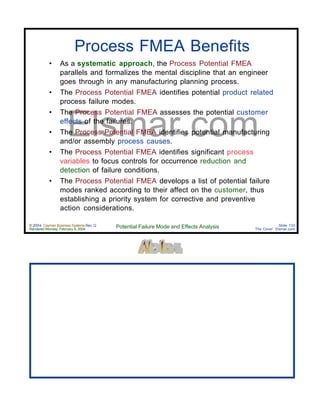 © 2004 Cayman Business Systems Rev: Q
Rendered Monday, February 9, 2004 Potential Failure Mode and Effects Analysis Slide 133
The Cove! Elsmar.com
Elsmar.com
Process FMEA Benefits
• As a systematic approach, the Process Potential FMEA
parallels and formalizes the mental discipline that an engineer
goes through in any manufacturing planning process.
• The Process Potential FMEA identifies potential product related
process failure modes.
• The Process Potential FMEA assesses the potential customer
effects of the failures.
• The Process Potential FMEA identifies potential manufacturing
and/or assembly process causes.
• The Process Potential FMEA identifies significant process
variables to focus controls for occurrence reduction and
detection of failure conditions.
• The Process Potential FMEA develops a list of potential failure
modes ranked according to their affect on the customer, thus
establishing a priority system for corrective and preventive
action considerations.
 