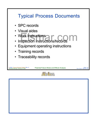 © 2004 Cayman Business Systems Rev: Q
Rendered Monday, February 9, 2004 Potential Failure Mode and Effects Analysis Slide 141
The Cove! Elsmar.com
Elsmar.com
Typical Process Documents
• SPC records
• Visual aides
• Work instructions
• Inspection instructions/records
• Equipment operating instructions
• Training records
• Traceability records
 