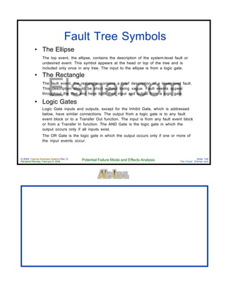 © 2004 Cayman Business Systems Rev: Q
Rendered Monday, February 9, 2004 Potential Failure Mode and Effects Analysis Slide 146
The Cove! Elsmar.com
Elsmar.com
Fault Tree Symbols
• The Ellipse
The top event, the ellipse, contains the description of the system-level fault or
undesired event. This symbol appears at the head or top of the tree and is
included only once in any tree. The input to the ellipse is from a logic gate.
• The Rectangle
The fault event, the rectangle, contains a brief description of a lower-level fault.
This description should be short without being vague. Fault events appear
throughout the tree and have both their input and output from a logic gate.
• Logic Gates
Logic Gate inputs and outputs, except for the Inhibit Gate, which is addressed
below, have similar connections. The output from a logic gate is to any fault
event block or to a Transfer Out function. The input is from any fault event block
or from a Transfer In function. The AND Gate is the logic gate in which the
output occurs only if all inputs exist.
The OR Gate is the logic gate in which the output occurs only if one or more of
the input events occur.
 