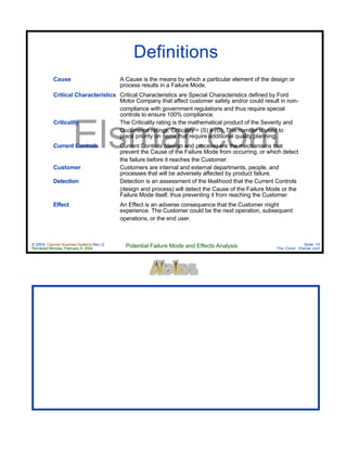 © 2004 Cayman Business Systems Rev: Q
Rendered Monday, February 9, 2004 Potential Failure Mode and Effects Analysis Slide 15
The Cove! Elsmar.com
Elsmar.com
Definitions
Cause A Cause is the means by which a particular element of the design or
process results in a Failure Mode.
Critical Characteristics Critical Characteristics are Special Characteristics defined by Ford
Motor Company that affect customer safety and/or could result in non-
compliance with government regulations and thus require special
controls to ensure 100% compliance.
Criticality The Criticality rating is the mathematical product of the Severity and
Occurrence ratings. Criticality = (S) ¥ (O). This number is used to
place priority on items that require additional quality planning.
Current Controls Current Controls (design and process) are the mechanisms that
prevent the Cause of the Failure Mode from occurring, or which detect
the failure before it reaches the Customer.
Customer Customers are internal and external departments, people, and
processes that will be adversely affected by product failure.
Detection Detection is an assessment of the likelihood that the Current Controls
(design and process) will detect the Cause of the Failure Mode or the
Failure Mode itself, thus preventing it from reaching the Customer.
Effect An Effect is an adverse consequence that the Customer might
experience. The Customer could be the next operation, subsequent
operations, or the end user.
 