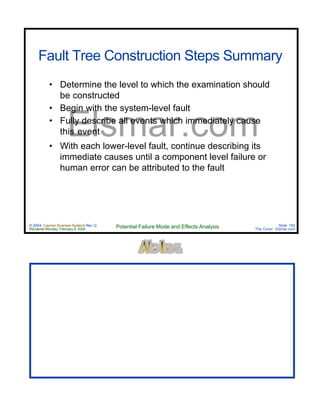 © 2004 Cayman Business Systems Rev: Q
Rendered Monday, February 9, 2004 Potential Failure Mode and Effects Analysis Slide 150
The Cove! Elsmar.com
Elsmar.com
Fault Tree Construction Steps Summary
• Determine the level to which the examination should
be constructed
• Begin with the system-level fault
• Fully describe all events which immediately cause
this event
• With each lower-level fault, continue describing its
immediate causes until a component level failure or
human error can be attributed to the fault
 