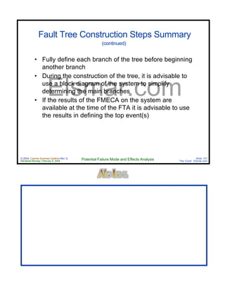 © 2004 Cayman Business Systems Rev: Q
Rendered Monday, February 9, 2004 Potential Failure Mode and Effects Analysis Slide 151
The Cove! Elsmar.com
Elsmar.com
Fault Tree Construction Steps Summary
(continued)
• Fully define each branch of the tree before beginning
another branch
• During the construction of the tree, it is advisable to
use a block diagram of the system to simplify
determining the main branches
• If the results of the FMECA on the system are
available at the time of the FTA it is advisable to use
the results in defining the top event(s)
 
