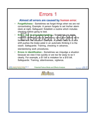 © 2004 Cayman Business Systems Rev: Q
Rendered Monday, February 9, 2004 Potential Failure Mode and Effects Analysis Slide 157
The Cove! Elsmar.com
Elsmar.com
Errors 1
Almost all errors are caused by human error.
• Forgetfulness - Sometimes we forget things when we are not
concentrating. Example: A person forgets to set his/her alarm
clock at night. Safeguard: Establish a routine which includes
checking before going to bed.
• Errors due to misunderstanding - Sometimes we make
mistakes when we jump to the wrong conclusion before we’re
familiar with the situation. Example: A person used to a stick
shift pushes the brake petal in an automatic thinking it is the
clutch. Safeguards: Training, checking in advance,
standardizing work procedures.
• Errors in identification - Sometimes we misjudge a situation
because we view it too quickly or are too far away to se it
clearly. For example, a $1 bill is mistaken for a $10 bill.
Safeguards: Training, attentiveness, vigilance.
 