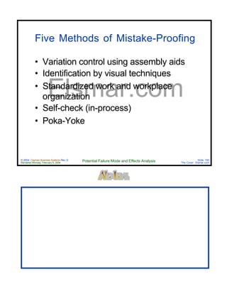 © 2004 Cayman Business Systems Rev: Q
Rendered Monday, February 9, 2004 Potential Failure Mode and Effects Analysis Slide 160
The Cove! Elsmar.com
Elsmar.com
Five Methods of Mistake-Proofing
• Variation control using assembly aids
• Identification by visual techniques
• Standardized work and workplace
organization
• Self-check (in-process)
• Poka-Yoke
 