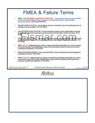 © 2004 Cayman Business Systems Rev: Q
Rendered Monday, February 9, 2004 Potential Failure Mode and Effects Analysis Slide 35
The Cove! Elsmar.com
Elsmar.com
FMEA & Failure Terms
• FMEA: FAILURE MODE and EFFECTS ANALYSIS - Systematized technique which identifies
andranksthepotentialfailuremodesofadesignormanufacturingprocessinordertoprioritize
improvementactions. (P22SS)&(P49PPAP)
• FAILURECAUSE,POTENTIAL: Howthefailurecouldoccur,describedintermsofsomethingthatcanbe
correctedorcanbecontrolled. (P37#14FMEA)
• FAILUREMODESANALYSIS(FMA): Aformal,structuredprocedureusedtoanalyzefailuremodedata
frombothcurrentandpriorprocessestopreventoccurrenceofthosefailuremodesinthefuture. (P103
APQP)
• FAILUREMODE,POTENTIAL: Themannerinwhichtheprocesscouldpotentiallyfailtomeettheprocess
requirementsand/ordesignintent. Adescriptionofthenon-conformanceatthatspecificoperation. (P31
#10FMEA)
• FMEA,DESIGN: Analyticaltechniqueusedbyadesignresponsibleengineer/teamasameanstoassure,
totheextentpossible,thatpotentialfailuremodesandtheirassociatedcauses/mechanismshavebeen
consideredandaddressed. (P103APQP)
• FMEA,MACHINE/EQUIPMENT: SameasprocessFMEA,exceptmachine/equipmentbeingdesignedis
consideredtheproduct. (P29FMEA)
• FMEA,PROCESS: Analyticaltechniqueusedbyamanufacturingresponsibleengineer/teamasameans
toassurethat,totheextentpossible,potentialfailuremodesandtheirassociatedcauses/mechanisms
havebeenconsideredandaddressed. (P104APQP)
 