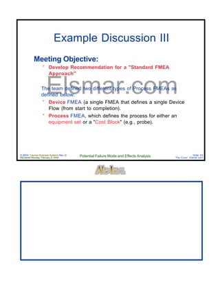 © 2004 Cayman Business Systems Rev: Q
Rendered Monday, February 9, 2004 Potential Failure Mode and Effects Analysis Slide 43
The Cove! Elsmar.com
Elsmar.com
Example Discussion III
Meeting Objective:
° Develop Recommendation for a "Standard FMEA
Approach"
The team defined two different types of Process FMEAs as
defined below:
° Device FMEA (a single FMEA that defines a single Device
Flow (from start to completion).
° Process FMEA, which defines the process for either an
equipment set or a "Cost Block" (e.g., probe).
 